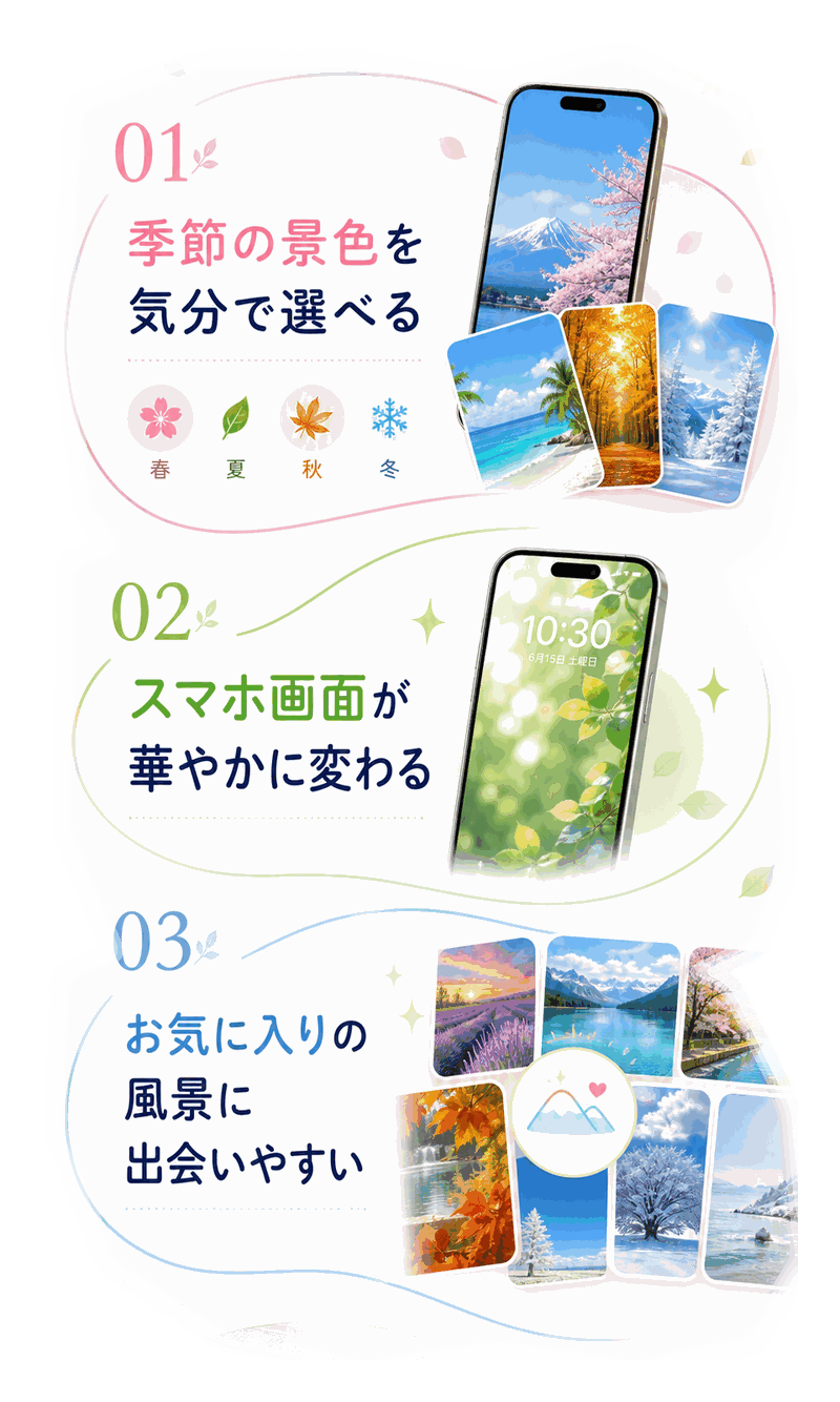 �G�߂̌i�F��I�ׂ�A�X�}�z��ʂ��؂₩�ɂȂ�A���C�ɓ���̕��i�ɏo��₷��
